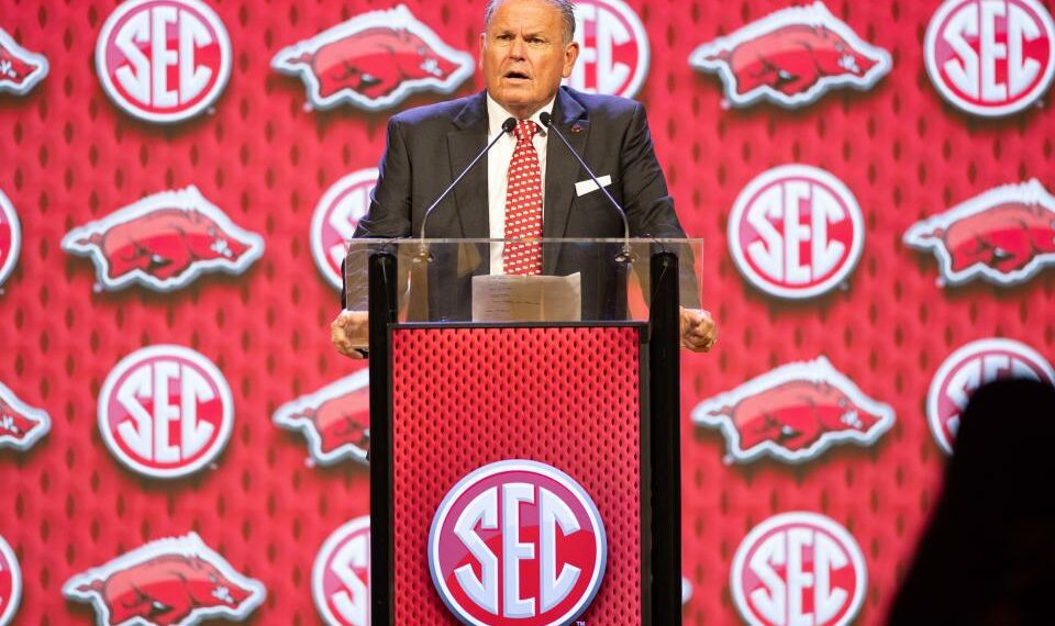 Jul 18, 2024; Dallas, TX, USA; Arkansas head coach Sam Pittman speaking at Omni Dallas Hotel. Mandatory Credit: Brett Patzke-USA TODAY Sports