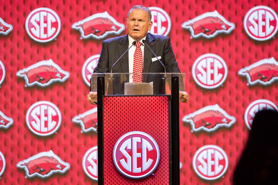 Jul 18, 2024; Dallas, TX, USA; Arkansas head coach Sam Pittman speaking at Omni Dallas Hotel. Mandatory Credit: Brett Patzke-USA TODAY Sports