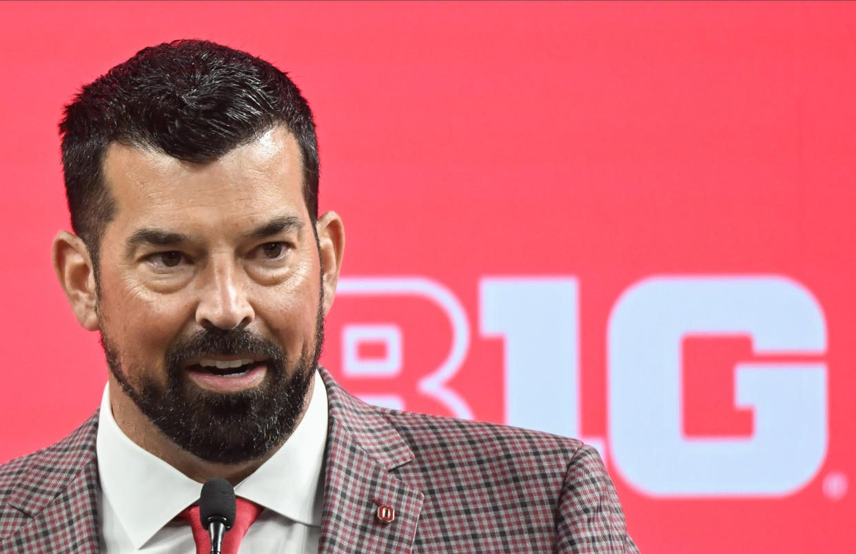 Jul 23, 2024; Indianapolis, IN, USA; Ohio State Buckeyes head coach Ryan Day speaks to the media during the Big 10 football media day at Lucas Oil Stadium. Mandatory Credit: Robert Goddin-USA TODAY Sports