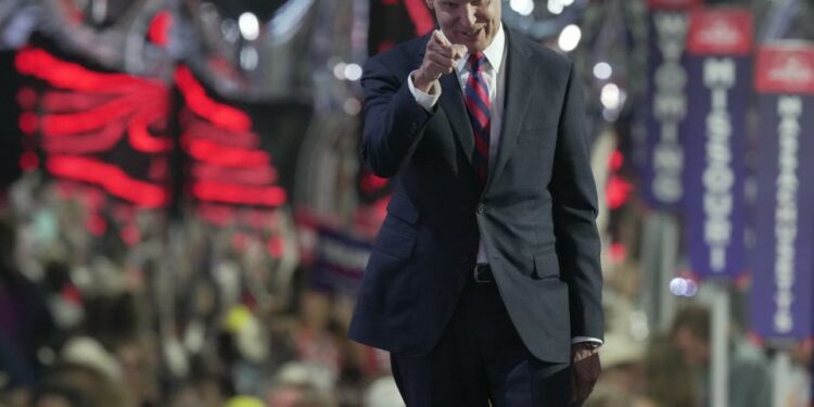 Jul 16, 2024; Milwaukee, WI, USA; Tennessee Gov. Bill Lee delivers remarks during the second day of the Republican National Convention at the Fiserv Forum. The second day of the RNC focused on crime and border policies. Mandatory Credit: Mark Hoffman-USA TODAY