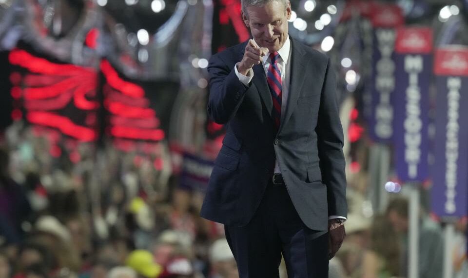 Jul 16, 2024; Milwaukee, WI, USA; Tennessee Gov. Bill Lee delivers remarks during the second day of the Republican National Convention at the Fiserv Forum. The second day of the RNC focused on crime and border policies. Mandatory Credit: Mark Hoffman-USA TODAY