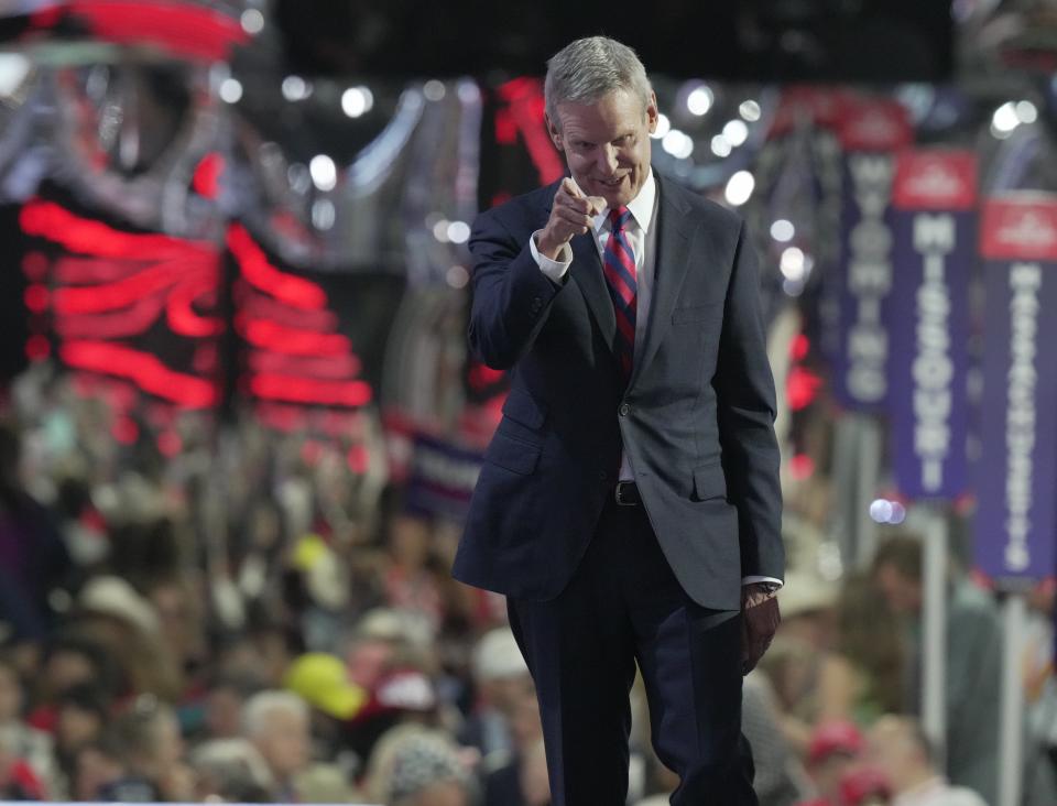 Jul 16, 2024; Milwaukee, WI, USA; Tennessee Gov. Bill Lee delivers remarks during the second day of the Republican National Convention at the Fiserv Forum. The second day of the RNC focused on crime and border policies. Mandatory Credit: Mark Hoffman-USA TODAY