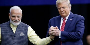 Prime Minister Narendra Modi and President Donald Trump shake hands after introductions during the