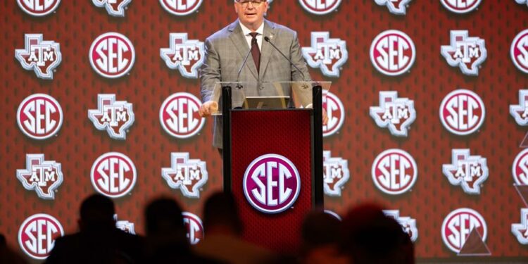 Jul 18, 2024; Dallas, TX, USA; Texas A&M head coach Mike Elko speaking at Omni Dallas Hotel. Mandatory Credit: Brett Patzke-USA TODAY Sports