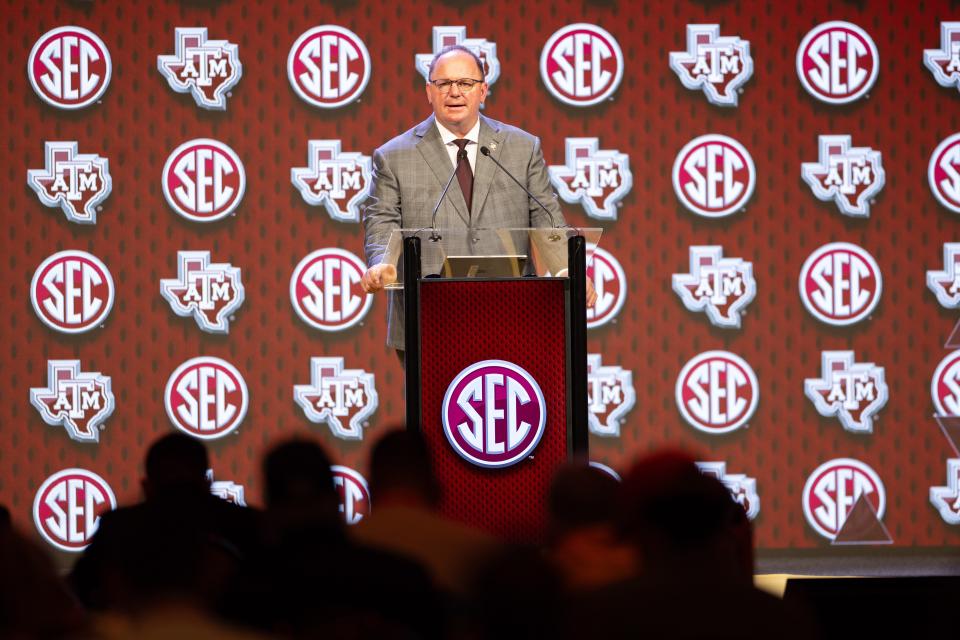 Jul 18, 2024; Dallas, TX, USA; Texas A&M head coach Mike Elko speaking at Omni Dallas Hotel. Mandatory Credit: Brett Patzke-USA TODAY Sports