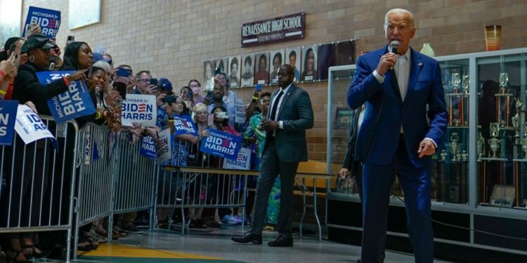 President Joe Biden speaks during a campaign event at Renaissance High School in Detroit, Michigan, U.S., July 12, 2024