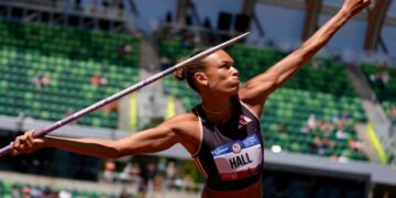 Anna Hall competes in the women's heptathlon javelin throw during the U.S. Track and Field Olympic Team Trials Monday, June 24, 2024, in Eugene, Ore. (AP Photo/George Walker IV)