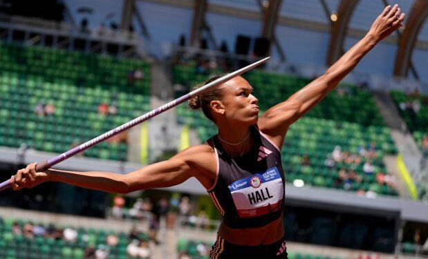 Anna Hall competes in the women's heptathlon javelin throw during the U.S. Track and Field Olympic Team Trials Monday, June 24, 2024, in Eugene, Ore. (AP Photo/George Walker IV)