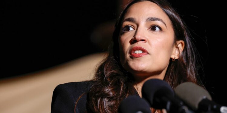 U.S. Rep. Alexandria Ocasio-Cortez (D-NY) speaks at a news conference calling for a ceasefire in Gaza outside the U.S. Capitol building on November 13, 2023 in Washington, DC. House Democrats held the news conference alongside rabbis with the activist group Jewish Voices for Peace.