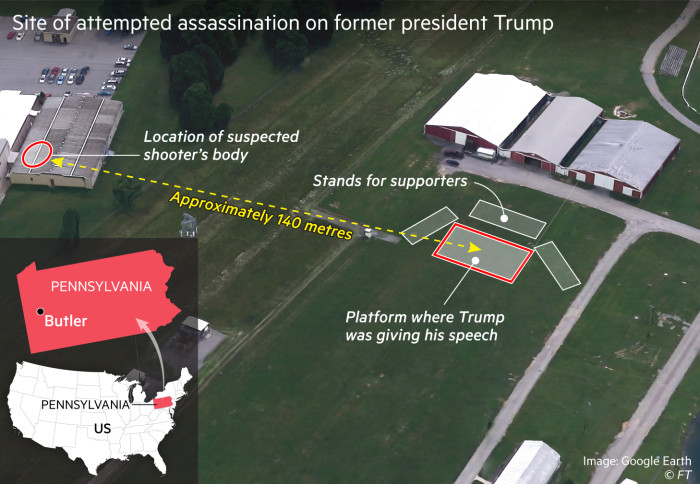 Map showing the site of an attempted assassination on former president Trump