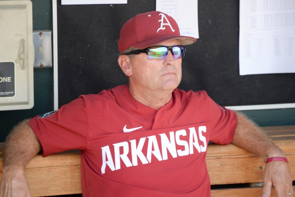 Jun 27, 2018; Omaha, NE, USA; Arkansas Razorbacks head coach Dave Van Horn watches from the dugout prior to game two of the championship series of the College World Series against the Oregon State Beavers at TD Ameritrade Park. Mandatory Credit: Steven Branscombe-USA TODAY Sports