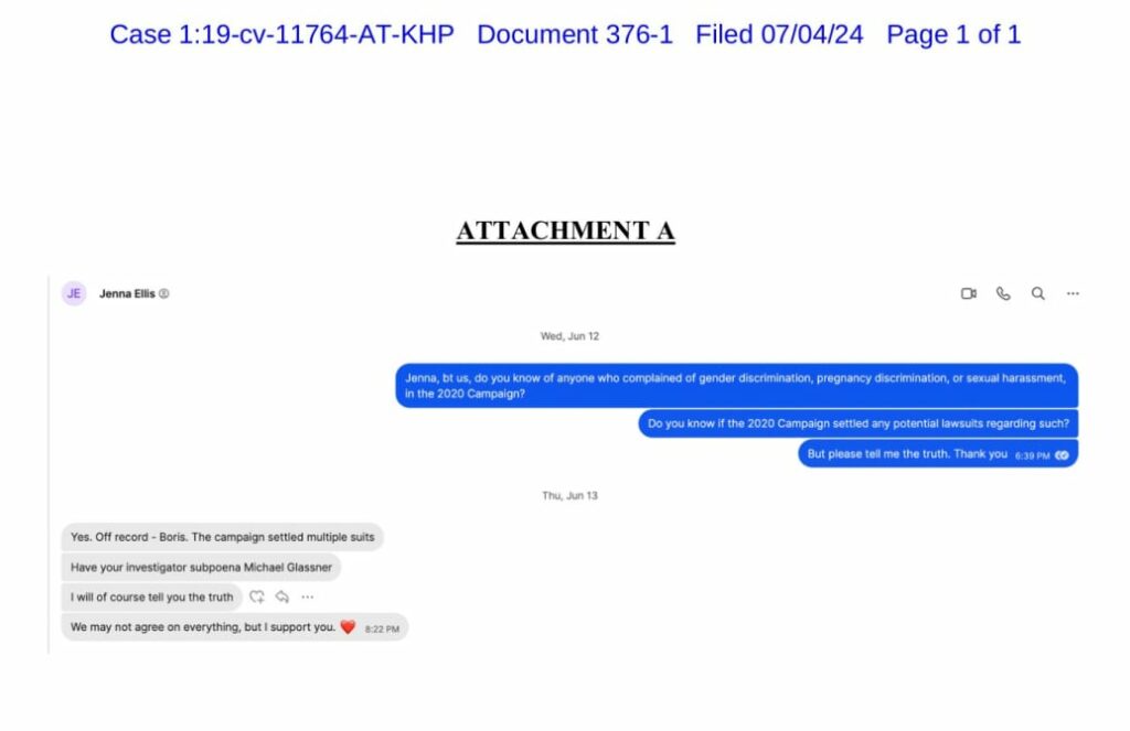 Text messages allegedly between A.J. Delgado and Jenna Ellis.