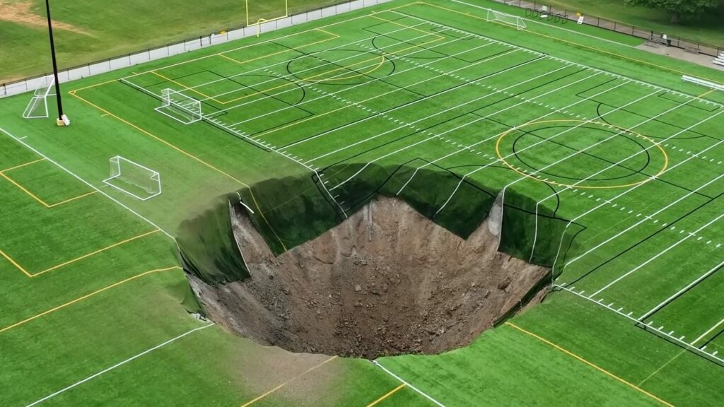 Giant sinkhole swallows center of soccer field in Illinois park: Watch