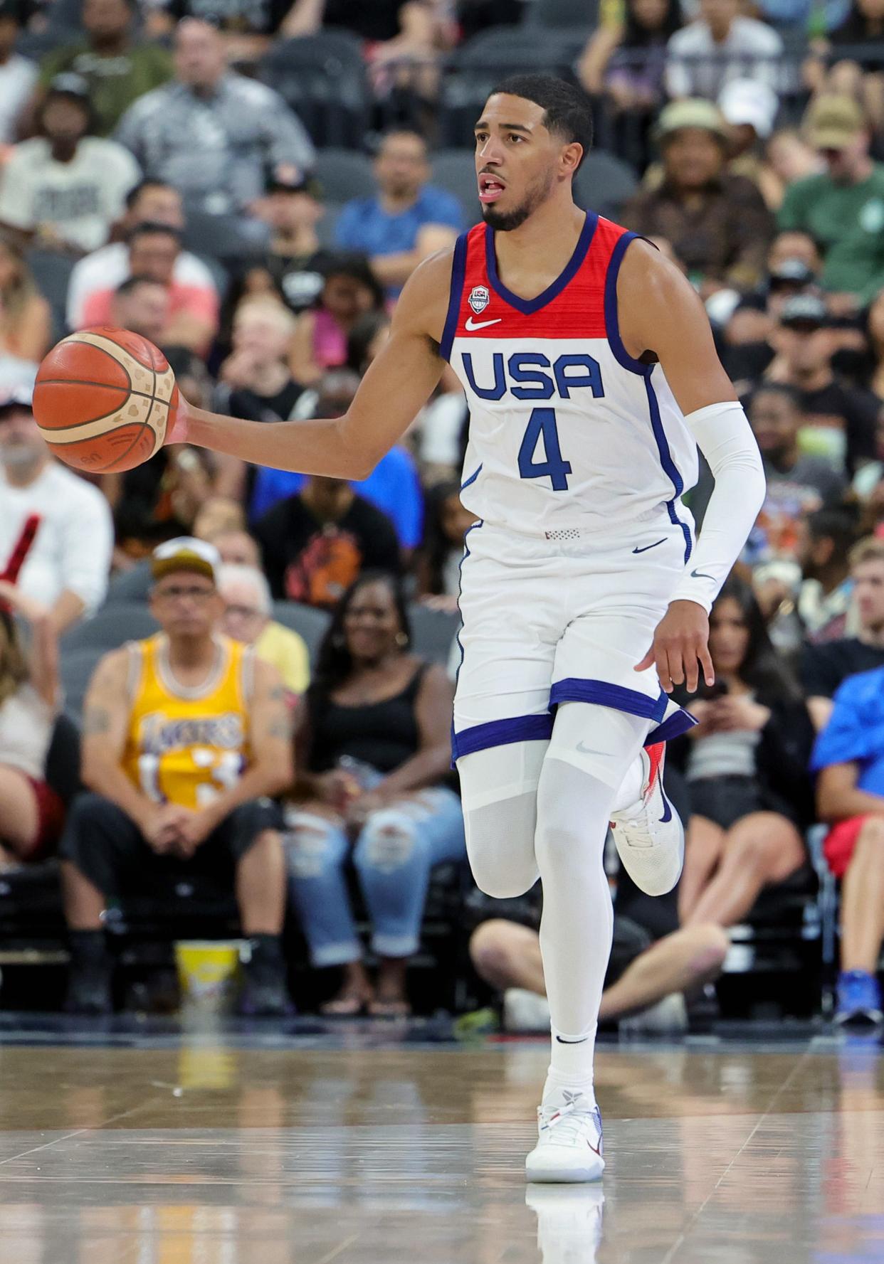 LAS VEGAS, NEVADA - AUGUST 07: Tyrese Haliburton #4 of the United States brings the ball up the court against Puerto Rico in the second half of a 2023 FIBA World Cup exhibition game at T-Mobile Arena on August 07, 2023 in Las Vegas, Nevada. The United States defeated Puerto Rico 117-74.