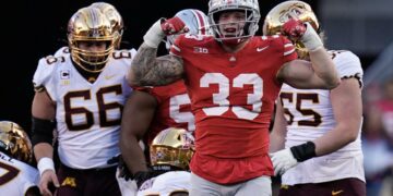 Nov 18, 2023; Columbus, Ohio, USA; Ohio State Buckeyes defensive end Jack Sawyer (33) celebrates a tackle during the first half of the NCAA football game against the Minnesota Golden Gophers at Ohio Stadium.