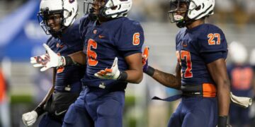 Charles Henderson's Zion Grady (6) celebrates a stop during the AHSAA Super 7 football Class 5A state championship at Jordan-Hare Stadium in Auburn, Ala., on Thursday, Dec. 1, 2022. Ramsay leads Charles Henderson 20-13. Syndication: The Montgomery Advertiser