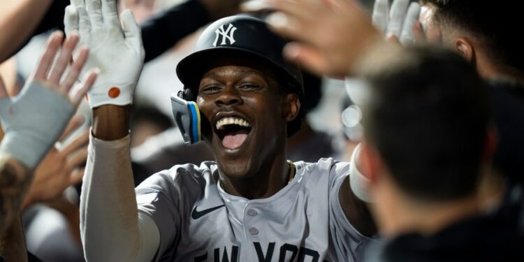 New York Yankees' Jazz Chisholm celebrates after his home run during the ninth inning of a baseball game against the Philadelphia Phillies, Monday, July 29, 2024, in Philadelphia. (AP Photo/Chris Szagola)