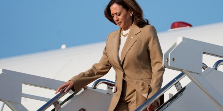 U.S. Vice President Kamala Harris stepping off Air Force Two at Joint Base Andrews, Maryland on July 27, 2024