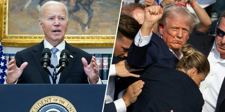 President Joe Biden speaks at a podium that bears the presidential seal. Donald Trump raises his fist as he's surrounded by Secret Service after being shot at during a rally in Pennsylvania.