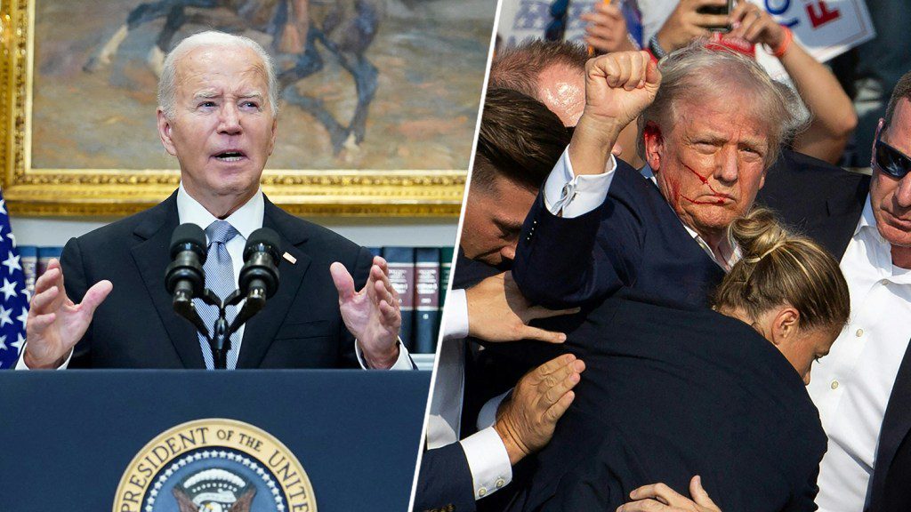 President Joe Biden speaks at a podium that bears the presidential seal. Donald Trump raises his fist as he's surrounded by Secret Service after being shot at during a rally in Pennsylvania.