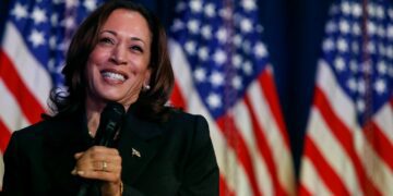 US Vice President Kamala Harris speaking at a moderated conversation in Kalamazoo, Michigan