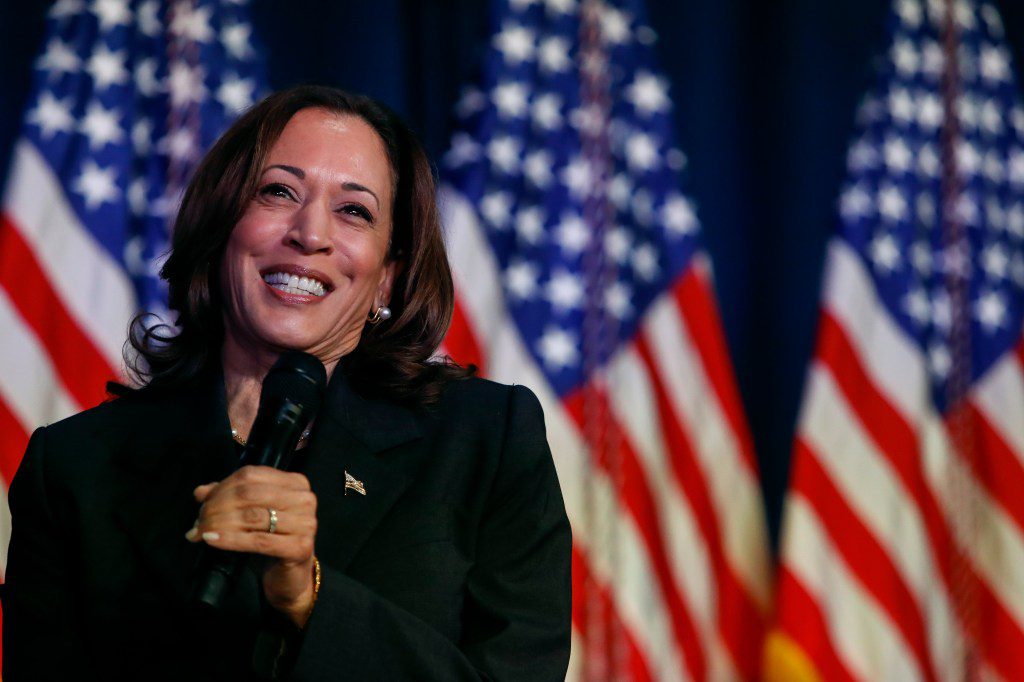 US Vice President Kamala Harris speaking at a moderated conversation in Kalamazoo, Michigan