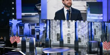 Former President Donald Trump’s running mate JD Vance speaks at the 2024 Republican National Convention hosted at the Fiserv Forum in Milwaukee on July 17.