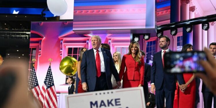 Trump and former first lady Melania Trump were joined on stage by vice presidential nominee JD Vance and his wife, Usha.