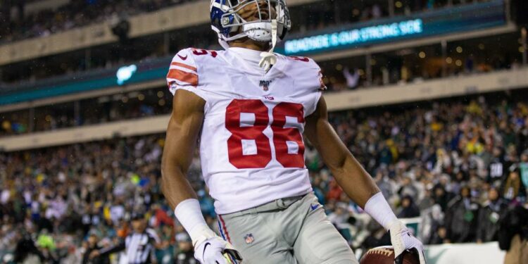 Dec 9, 2019; Philadelphia, PA, USA; New York Giants wide receiver Darius Slayton (86) reacts after his touchdown against the Philadelphia Eagles during the second quarter at Lincoln Financial Field. Mandatory Credit: Bill Streicher-USA TODAY Sports