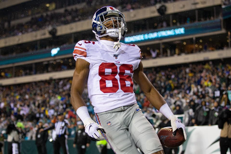 Dec 9, 2019; Philadelphia, PA, USA; New York Giants wide receiver Darius Slayton (86) reacts after his touchdown against the Philadelphia Eagles during the second quarter at Lincoln Financial Field. Mandatory Credit: Bill Streicher-USA TODAY Sports