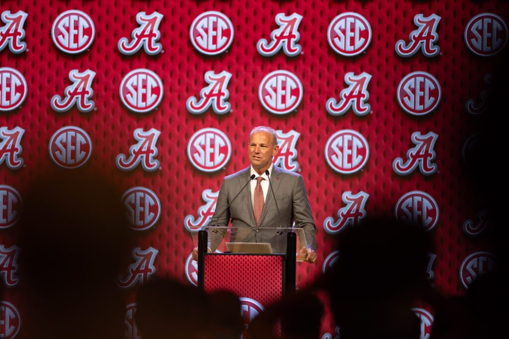 Jul 17, 2024; Dallas, TX, USA; Alabama head coach Kalen DeBoer speaking at Omni Dallas Hotel. Mandatory Credit: Brett Patzke-USA TODAY Sports