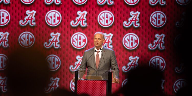 Jul 17, 2024; Dallas, TX, USA; Alabama head coach Kalen DeBoer speaking at Omni Dallas Hotel. Mandatory Credit: Brett Patzke-USA TODAY Sports