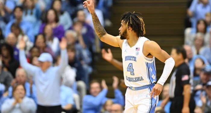 Nov 20, 2022; Chapel Hill, North Carolina, USA; North Carolina Tar Heels guard R.J. Davis (4) reacts in the first half at Dean E. Smith Center