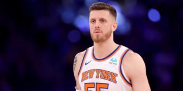 May 19, 2024; New York, New York, USA; New York Knicks center Isaiah Hartenstein (55) reacts during the third quarter of game seven of the second round of the 2024 NBA playoffs against the Indiana Pacers at Madison Square Garden. Mandatory Credit: Brad Penner-USA TODAY Sports