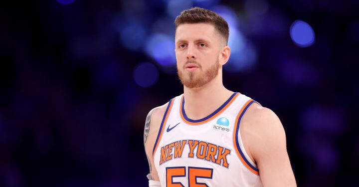 May 19, 2024; New York, New York, USA; New York Knicks center Isaiah Hartenstein (55) reacts during the third quarter of game seven of the second round of the 2024 NBA playoffs against the Indiana Pacers at Madison Square Garden. Mandatory Credit: Brad Penner-USA TODAY Sports