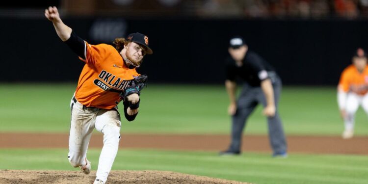 Jun 2, 2024; Stillwater, OK, USA; Oklahoma State utility Carson Benge (3) pitches the ball during a NCAA regional baseball game against Florida at O'Brate Stadium. Mandatory Credit: Mitch Alcala-The Oklahoman