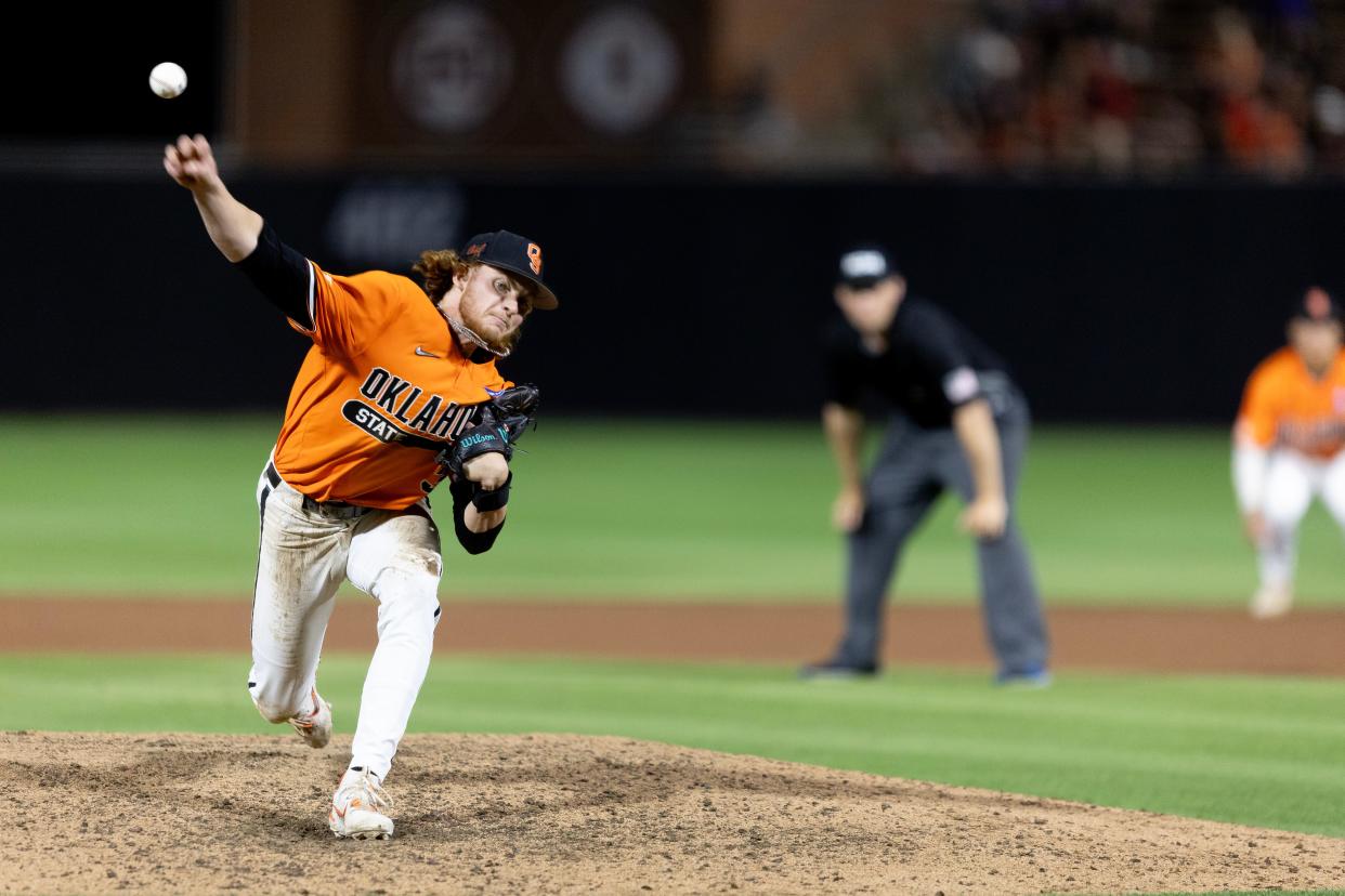 Jun 2, 2024; Stillwater, OK, USA; Oklahoma State utility Carson Benge (3) pitches the ball during a NCAA regional baseball game against Florida at O'Brate Stadium. Mandatory Credit: Mitch Alcala-The Oklahoman