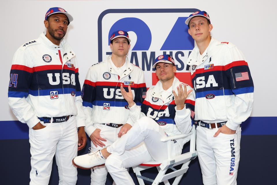 PARIS, FRANCE - JULY 23: Kareem Maddox, Jimmer Fredette, Dylan Travis and Canyon Barry try on clothes at the Team USA Welcome Experience Ahead of Paris 2024 on July 23, 2024 in Paris, France. (Photo by Joe Scarnici/Getty Images for USOPC) ORG XMIT: 776173500 ORIG FILE ID: 2163217112