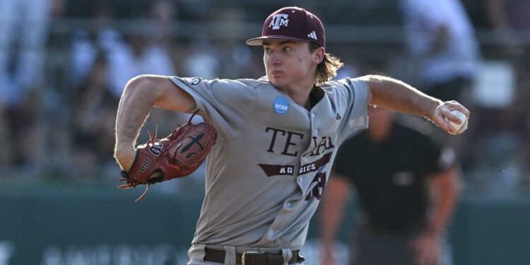 Jun 9, 2024; College Station, TX, USA; Texas A&M pitcher Shane Sdao (38) throws a pitch during the first inning against Oregon at Olsen Field, Blue Bell Park Mandatory Credit: Maria Lysaker-USA TODAY Sports