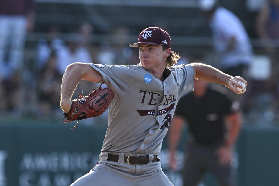 Jun 9, 2024; College Station, TX, USA; Texas A&M pitcher Shane Sdao (38) throws a pitch during the first inning against Oregon at Olsen Field, Blue Bell Park Mandatory Credit: Maria Lysaker-USA TODAY Sports