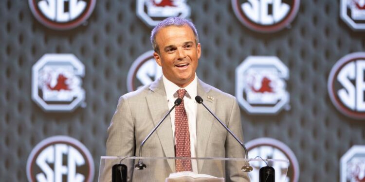 Jul 15, 2024; Dallas, TX, USA; South Carolina head coach Shane Beamer speaking to the media at Omni Dallas Hotel. Mandatory Credit: Brett Patzke-USA TODAY Sports