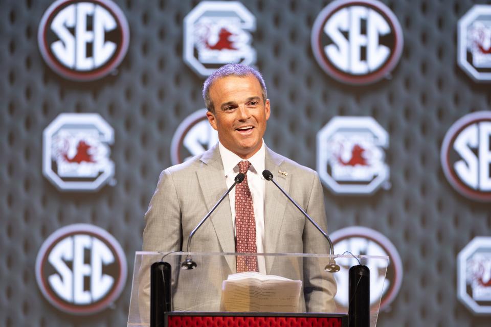 Jul 15, 2024; Dallas, TX, USA; South Carolina head coach Shane Beamer speaking to the media at Omni Dallas Hotel. Mandatory Credit: Brett Patzke-USA TODAY Sports