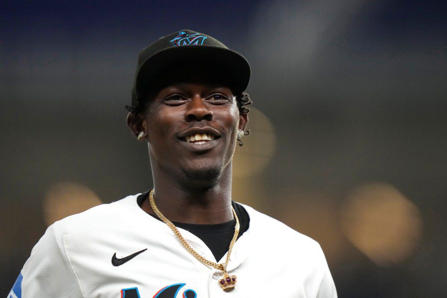 Miami Marlins' Jazz Chisholm Jr. walks from the field to the dugout during the seventh inning of a baseball game against the New York Mets, Monday, July 22, 2024, in Miami. (AP Photo/Lynne Sladky)