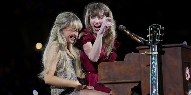 Taylor Swift performs with Sabrina Carpenter at Accor Stadium on Feb. 23, 2024 in Sydney, Australia.Swift performs with Sabrina Carpenter at Accor Stadium on February 23, 2024 in Sydney, Australia. (Photo by Don Arnold/TAS24/[SOURCE] for TAS Rights Management)