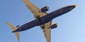 A Ryanair Boeing aircraft viewed from below as it flies overhead