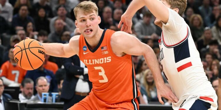 Mar 30, 2024; Boston, MA, USA;Illinois Fighting Illini forward Marcus Domask (3) dribbles the ball against Connecticut Huskies guard Cam Spencer (12) in the finals of the East Regional of the 2024 NCAA Tournament at TD Garden. Mandatory Credit: Brian Fluharty-USA TODAY Sports