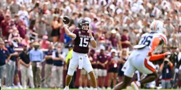 Sep 23, 2023; College Station, Texas; Texas A&M Aggies quarterback Conner Weigman (15) throws a pass durning the first quarter against the Auburn Tigers at Kyle Field. Maria Lysaker-USA TODAY Sports