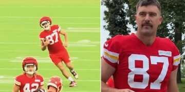 Travis Kelce looks in peak form as he returns to Chiefs training camp after European adventures to see girlfriend Taylor Swift's concerts