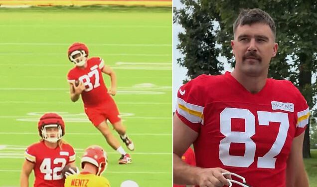 Travis Kelce looks in peak form as he returns to Chiefs training camp after European adventures to see girlfriend Taylor Swift's concerts