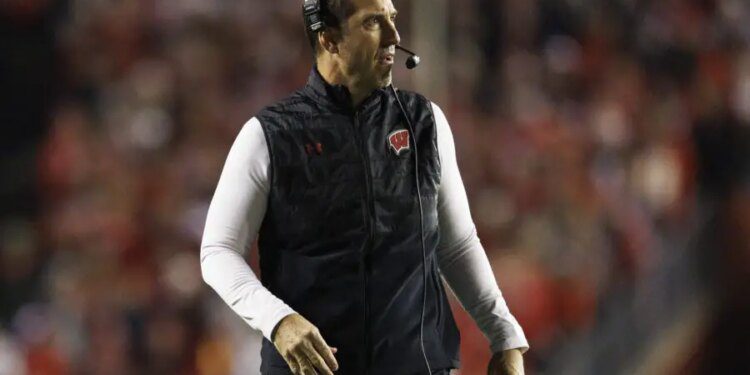 Nov 18, 2023; Madison, Wisconsin, USA; Wisconsin Badgers head coach Luke Fickell looks on during the second quarter against the Nebraska Cornhuskers at Camp Randall Stadium. Mandatory Credit: Jeff Hanisch-USA TODAY Sports